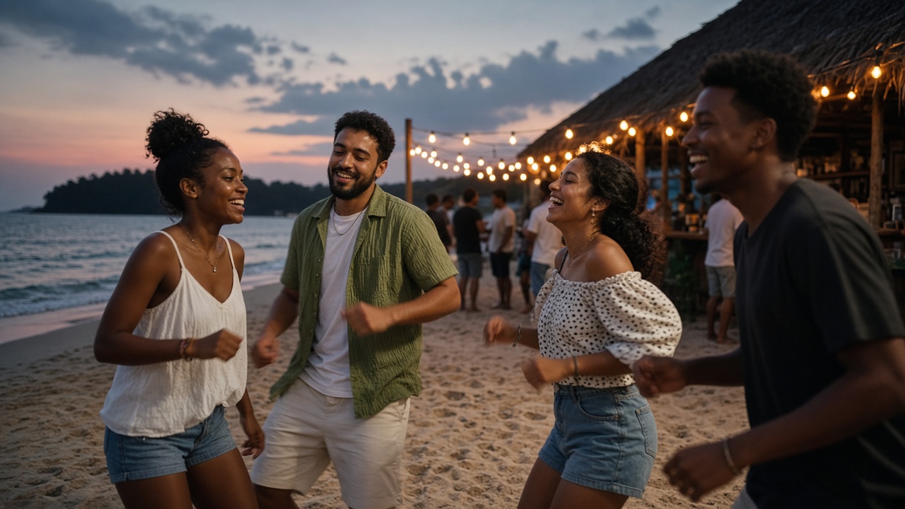 Viajeros bailando y celebrando en la playa de la isla