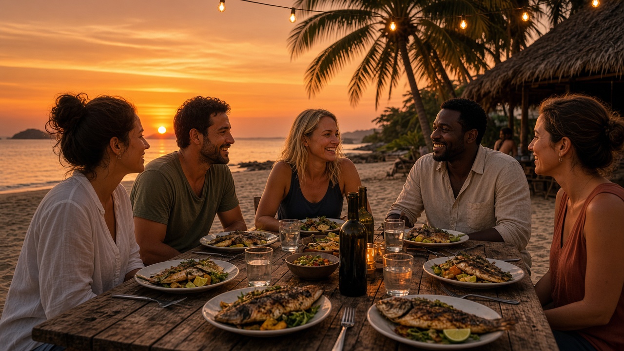 Cena en la playa con viajeros internacionales